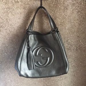 Authentic GUCCI metallic pewter soho handbag